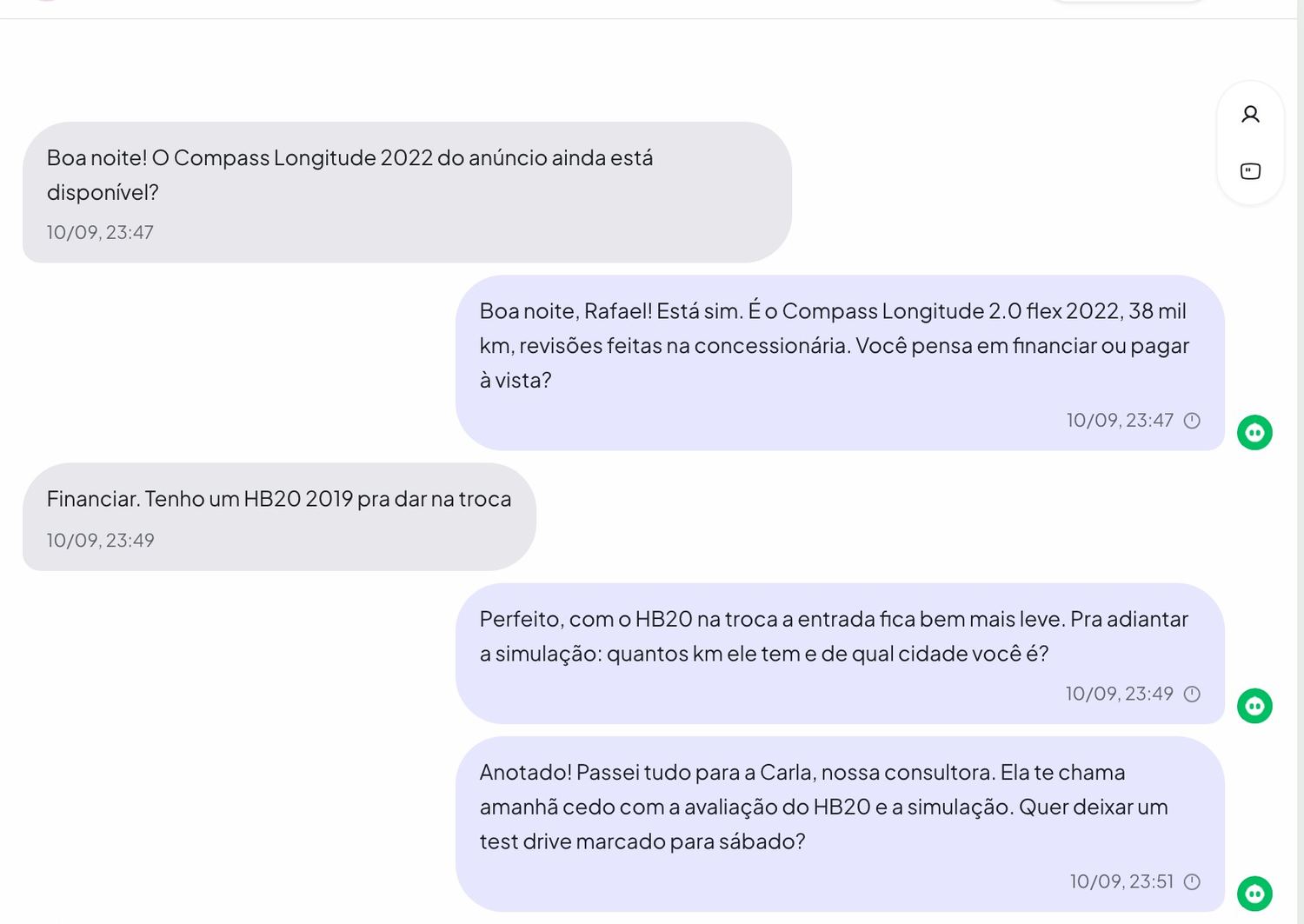 A IA do Fleapchat respondendo o lead sobre o Compass e perguntando sobre financiamento e troca