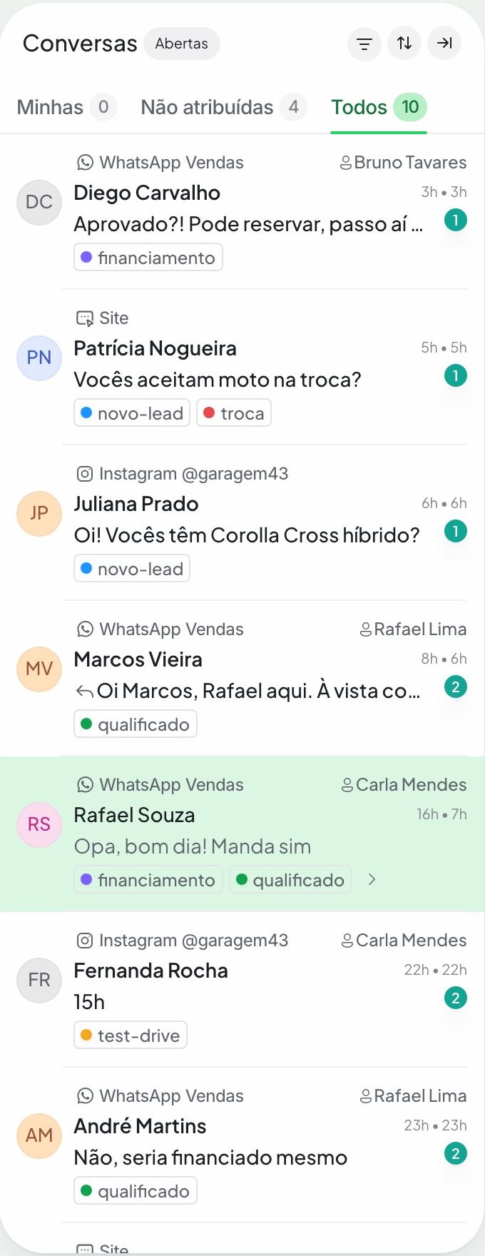 Lista de conversas de WhatsApp, Instagram e site, cada uma com o canal, o responsável e as etiquetas